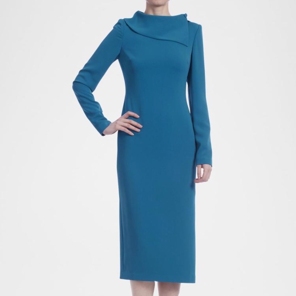 NWT Badgley Mischka Foldover Funnel-Neck Midi Dress Blue Size 10